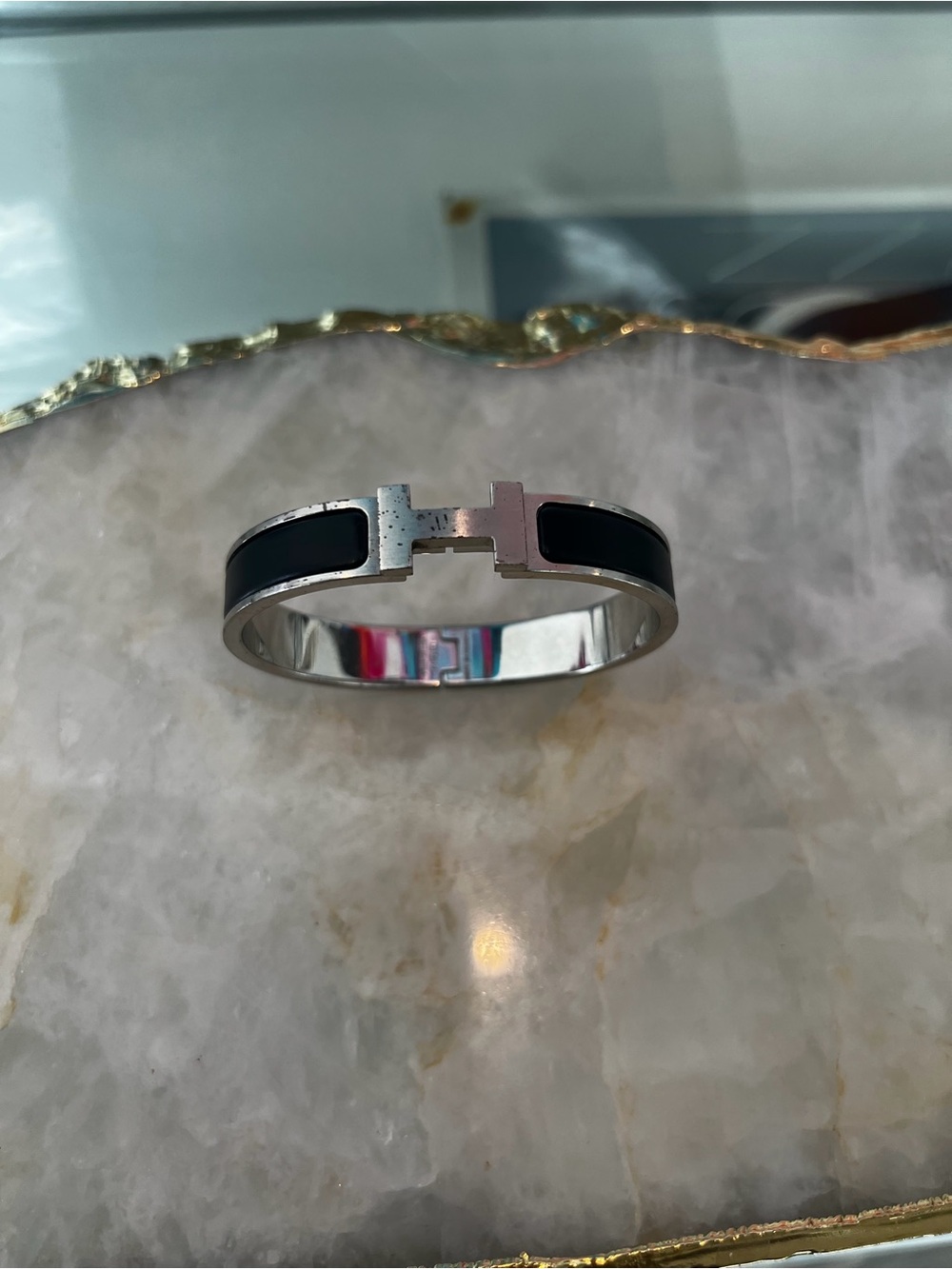 Hermes Silver-Tone Bracelet with Black Enamel H Detail